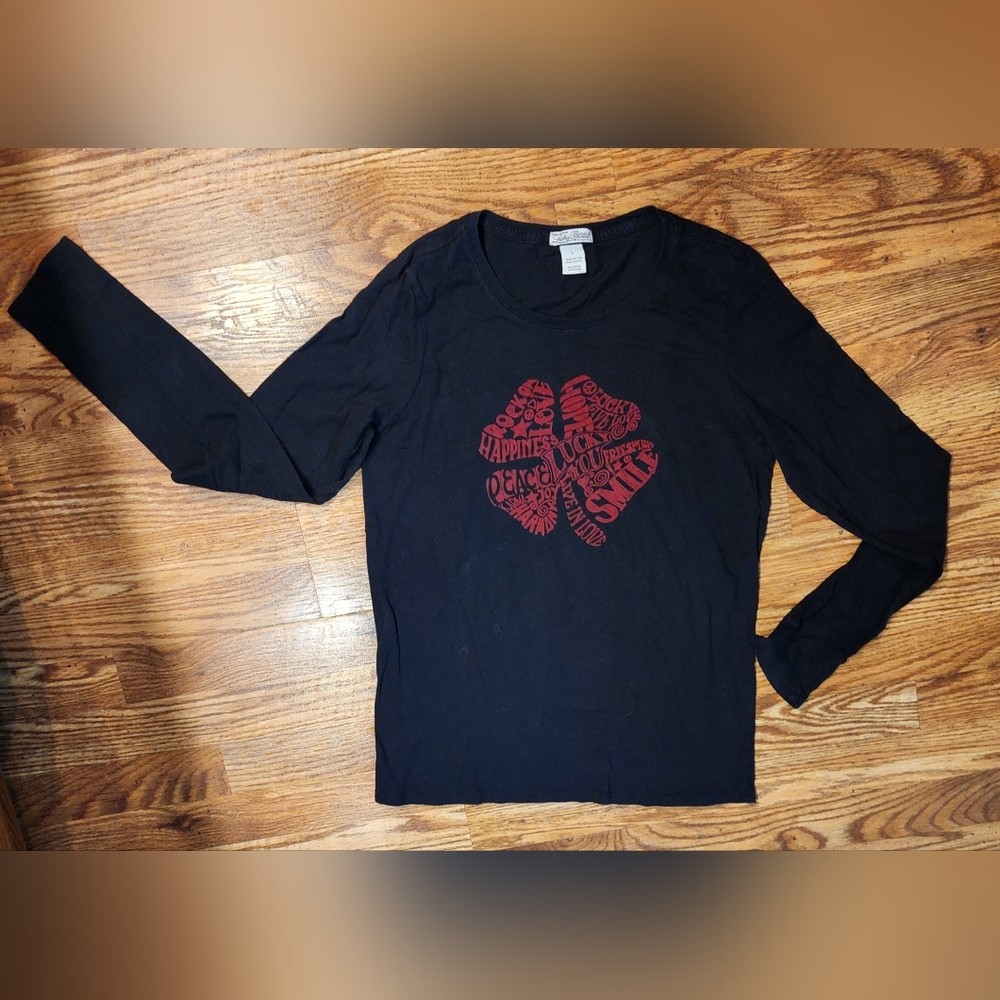 Black Long Sleeve Lucky Brand Peace 4 Leaf Clover Graphic Tee Women's Size L